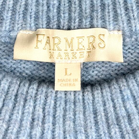 Farmers Market Blue Chunky Cable Knit Scarf Fringe Crewneck Sweater Large - Picture 8 of 9